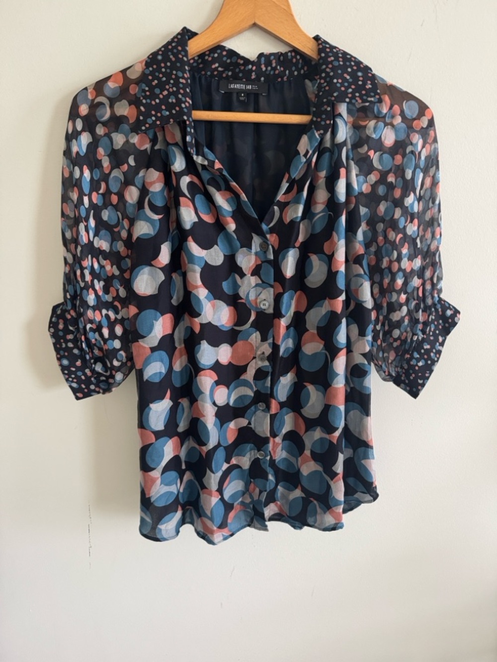 Lafayette 148 silk blue polka dot short sleeve button down blouse top size 8
